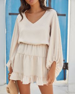 Paros Textured Satin Balloon Sleeve Dress - Champagne - SALE sold by Vici