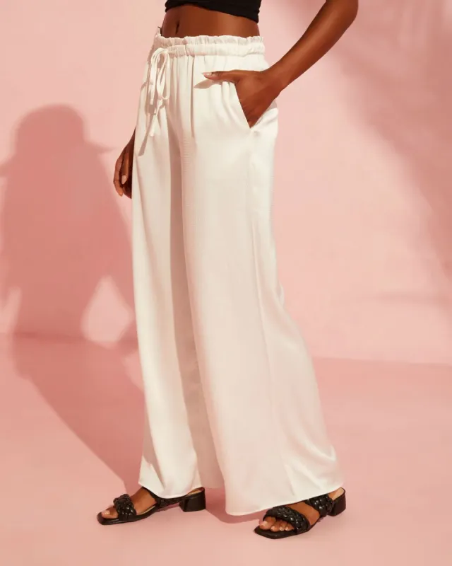Catarina Satin Drawstring Wide Leg Pants - White - FINAL SALE sold by Vici