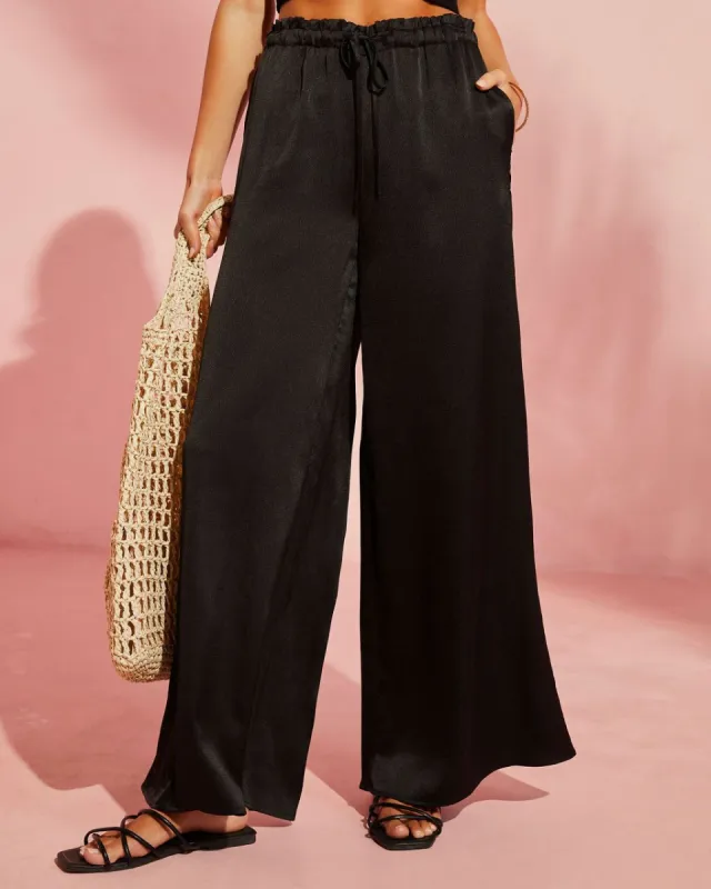 Catarina Satin Drawstring Wide Leg Pants - Black - FINAL SALE sold by Vici