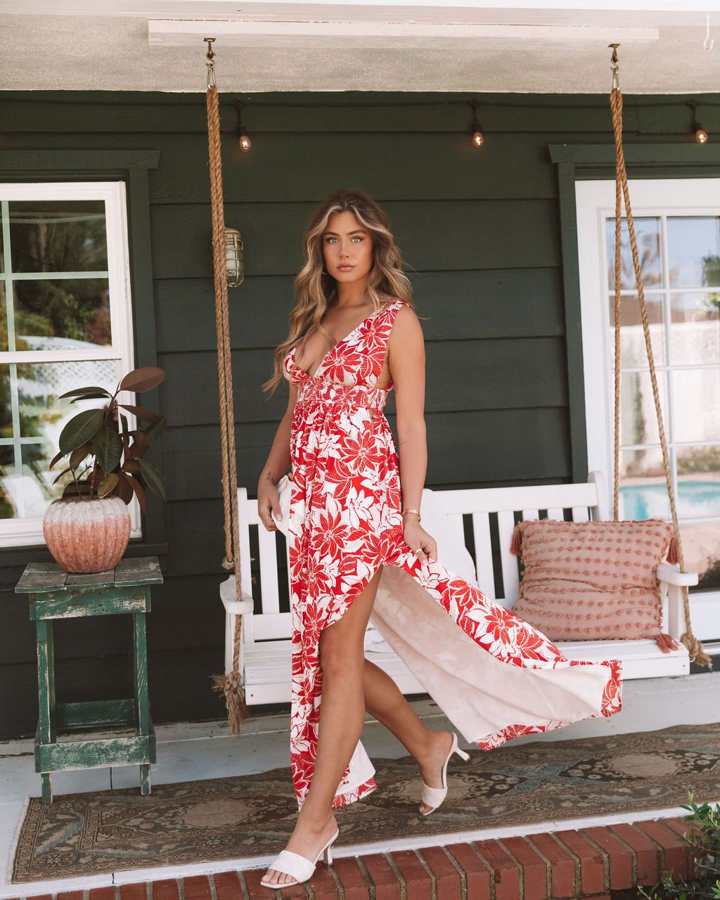 Island Girl Floral Smocked Side Slit Maxi Dress - Red/Cream - FINAL SALE sold by Vici product image thumbnail 4
