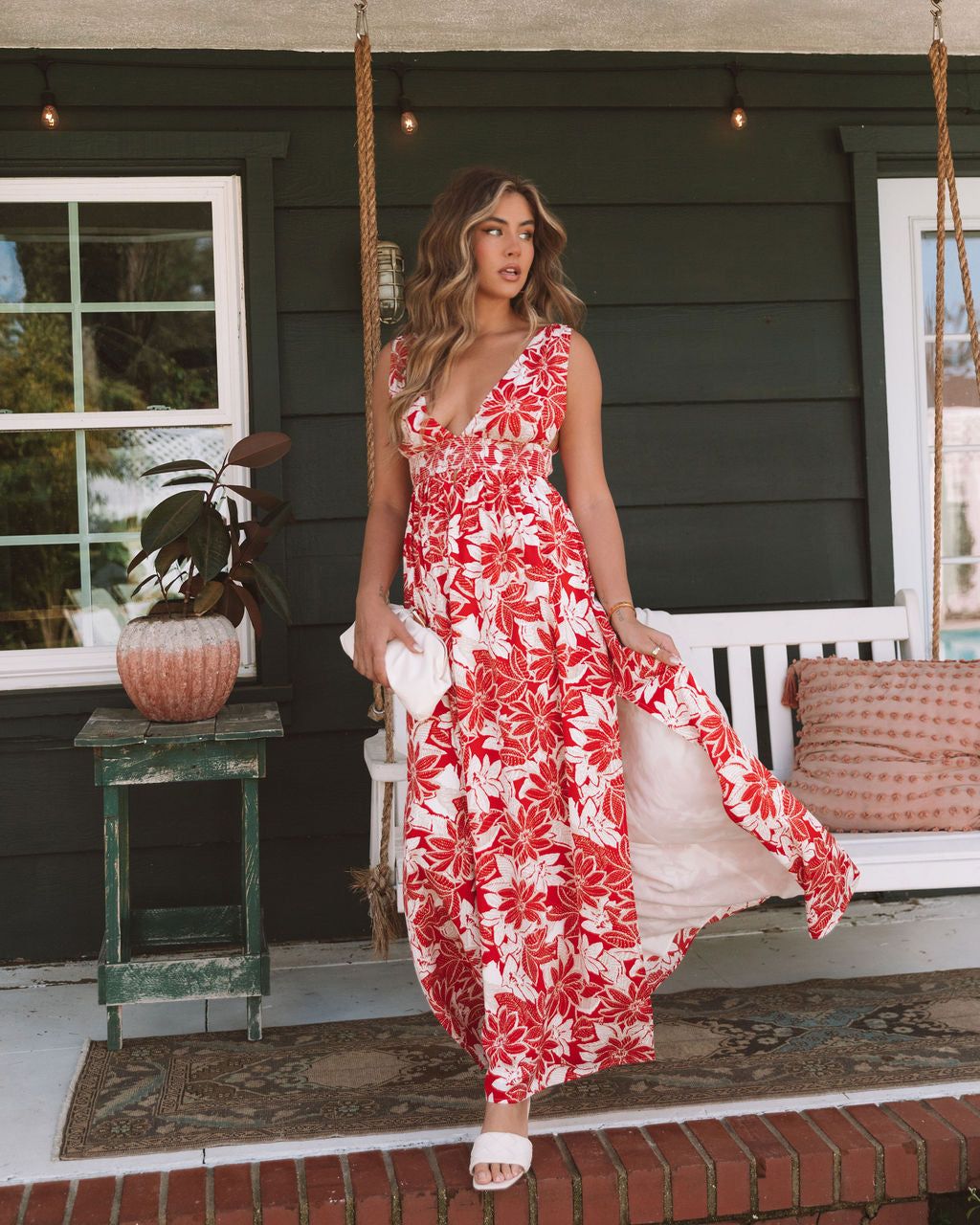 Island Girl Floral Smocked Side Slit Maxi Dress - Red/Cream - FINAL SALE sold by Vici product image thumbnail 7