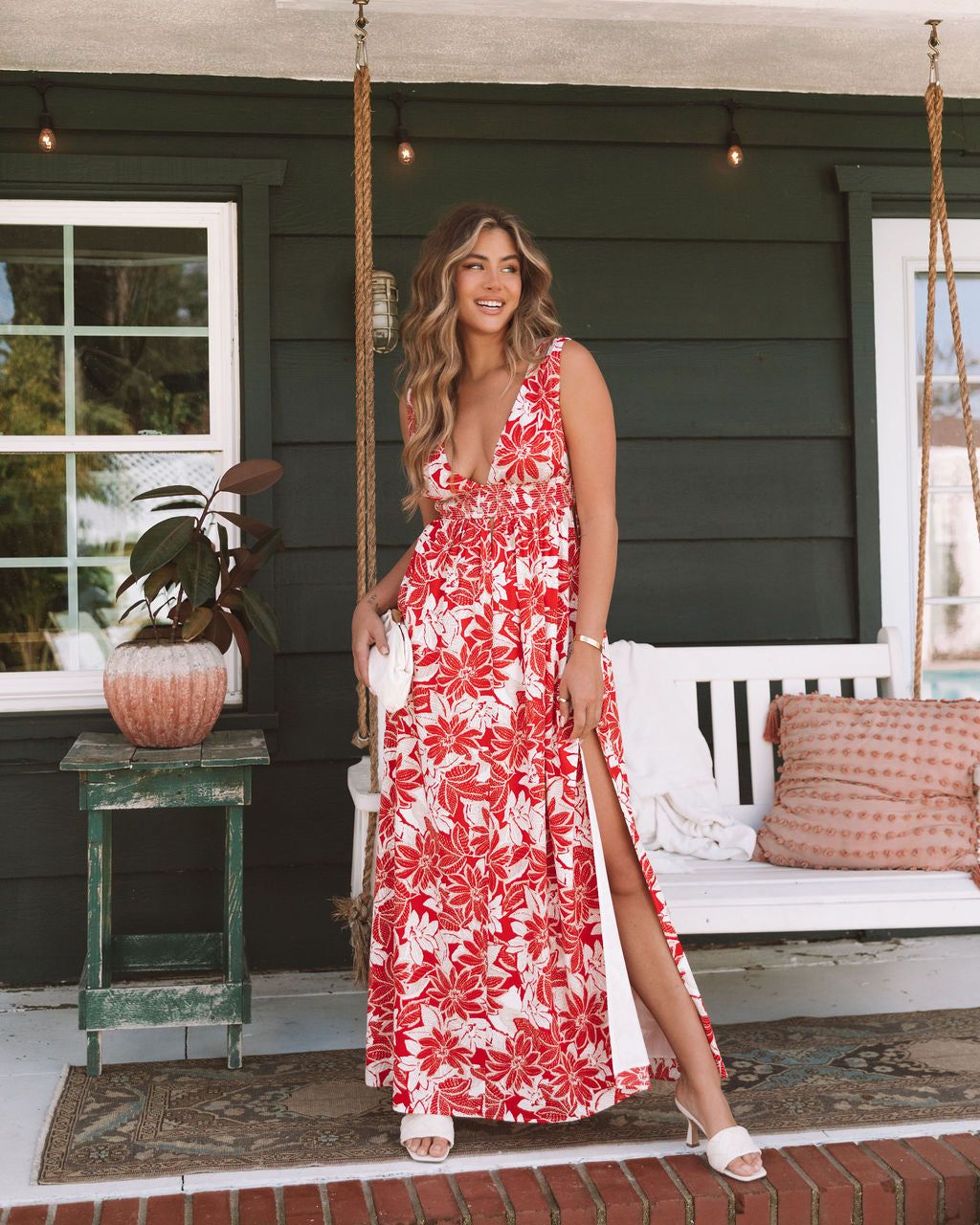 Island Girl Floral Smocked Side Slit Maxi Dress - Red/Cream - FINAL SALE sold by Vici