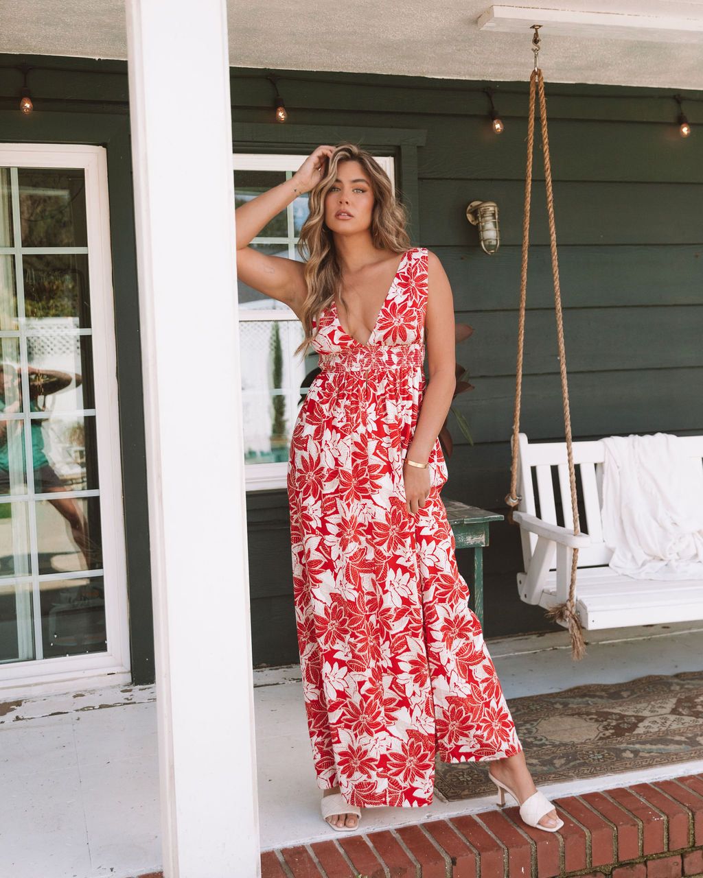 Island Girl Floral Smocked Side Slit Maxi Dress - Red/Cream - FINAL SALE sold by Vici product image thumbnail 6