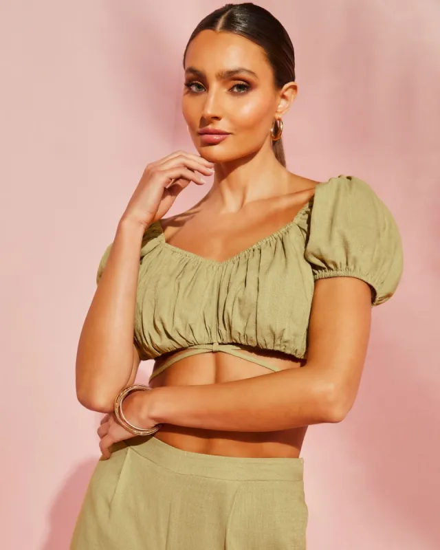 Corsicana Linen Waist Tie Crop Top - Green - FINAL SALE sold by Vici