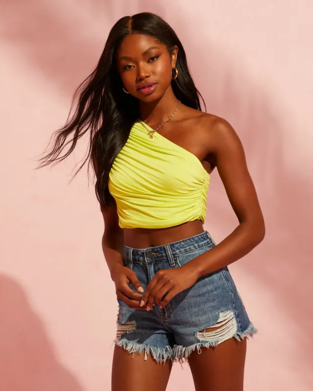 Alara Draped One Shoulder Crop Top - Lime - FINAL SALE sold by Vici