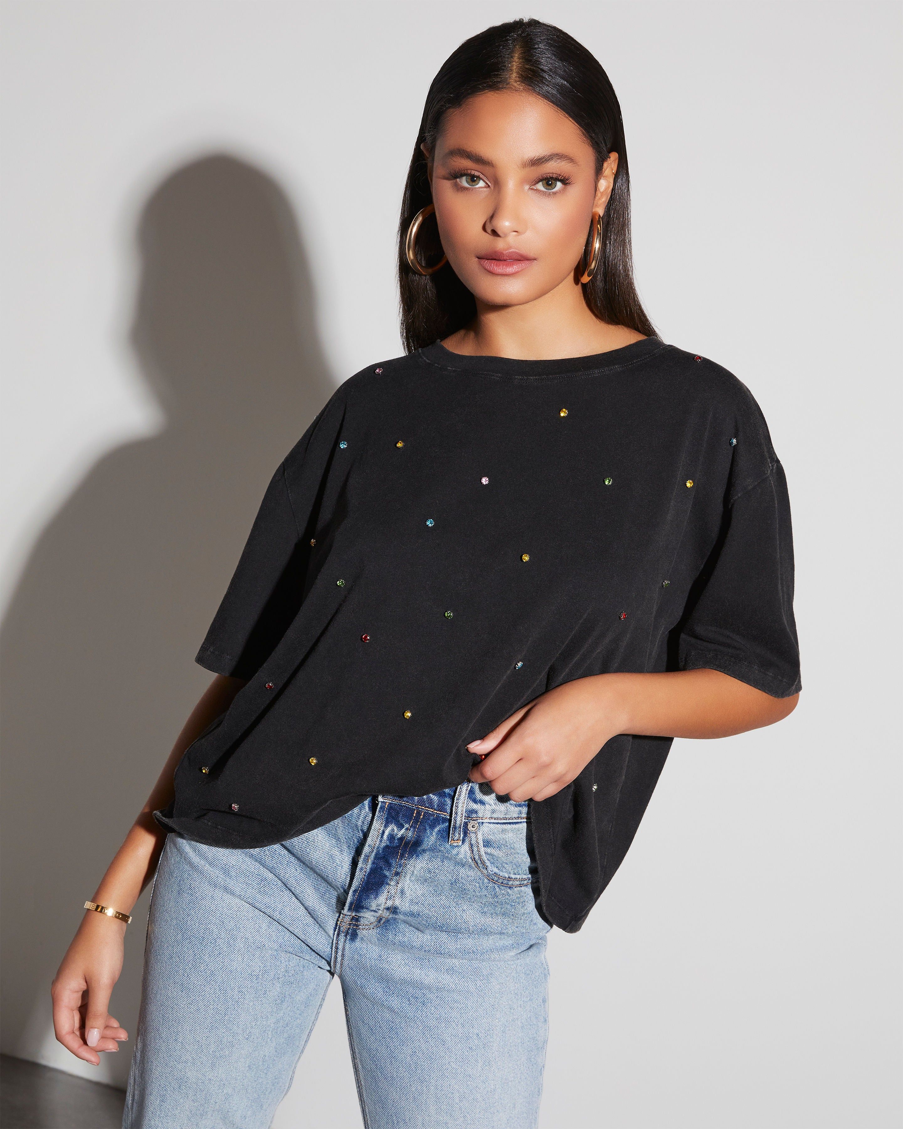 Carmelita Rhinestone Embellished Crew Neck Tee sold by Vici