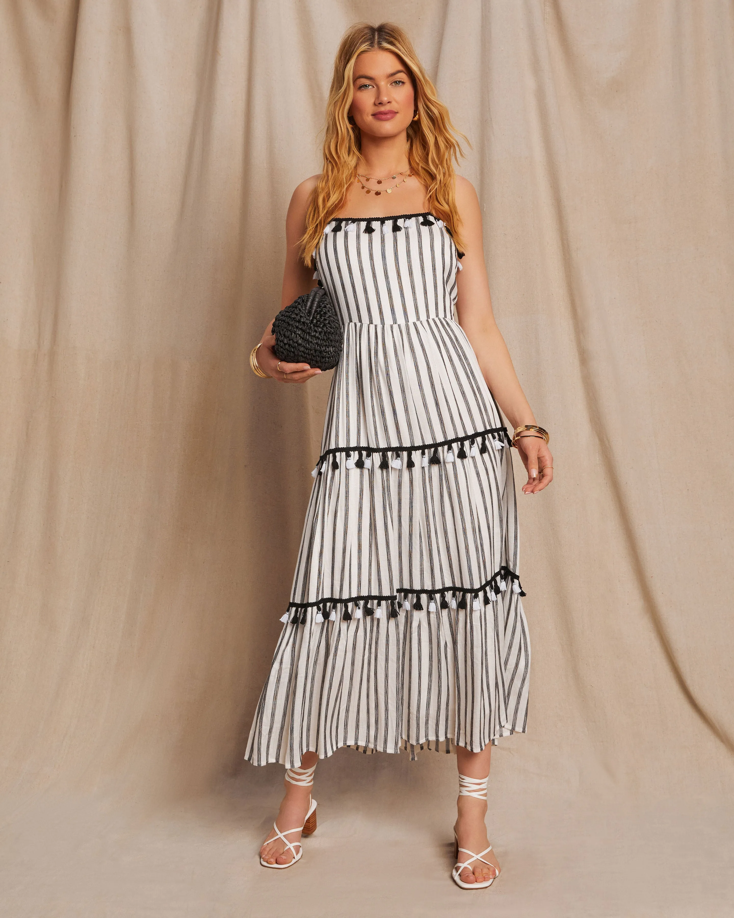 Paislee Tassel Striped Tiered Midi Dress sold by Vici