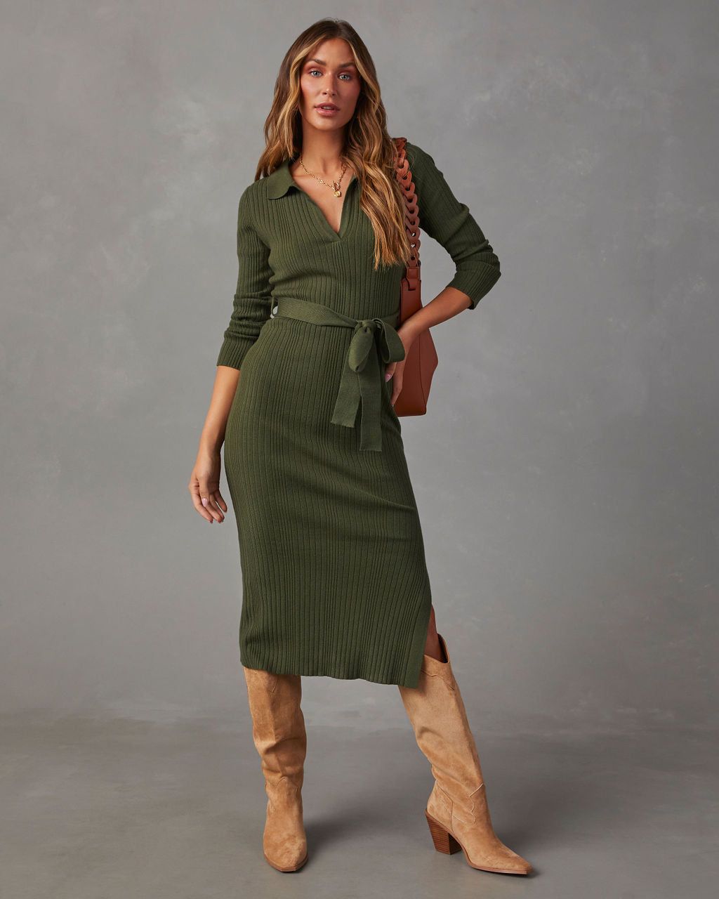Asmara Tie Waist Midi Sweater Dress - Dark Olive sold by Vici product image thumbnail 3