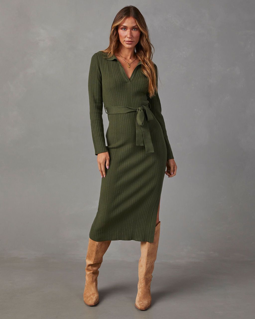 Asmara Tie Waist Midi Sweater Dress - Dark Olive sold by Vici