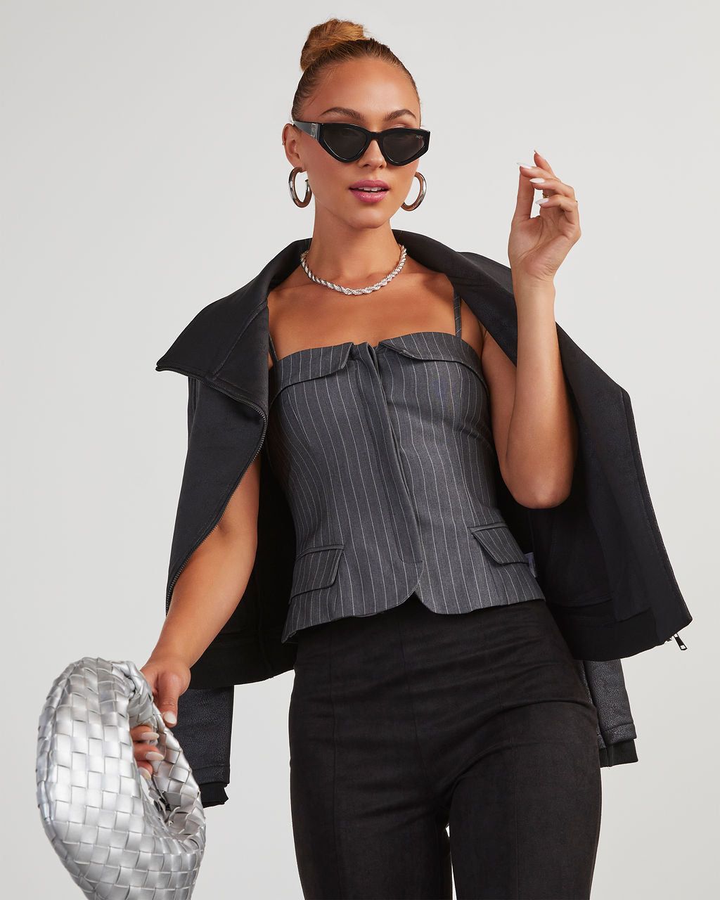 Annie Pinstripe Button Front Bustier Top - Charcoal sold by Vici product image thumbnail 5
