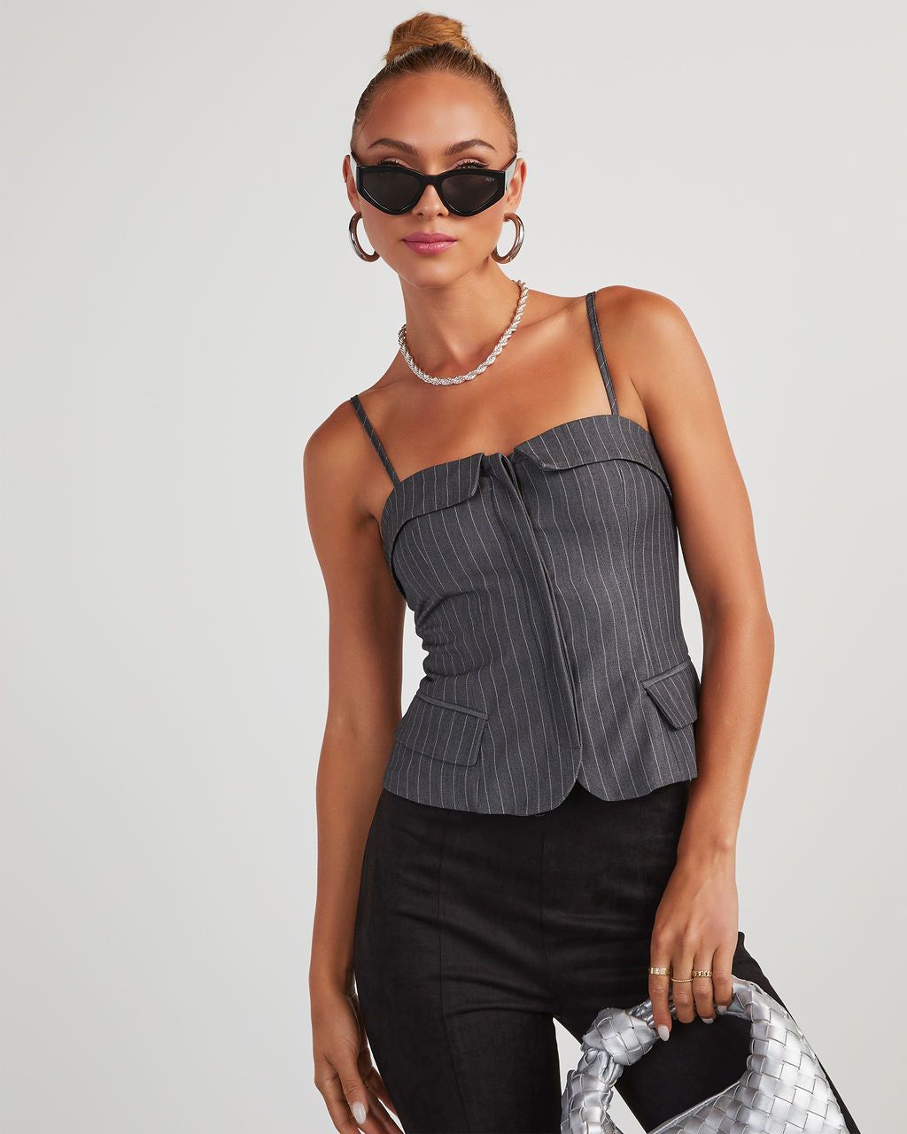 Annie Pinstripe Button Front Bustier Top - Charcoal sold by Vici product image thumbnail 6