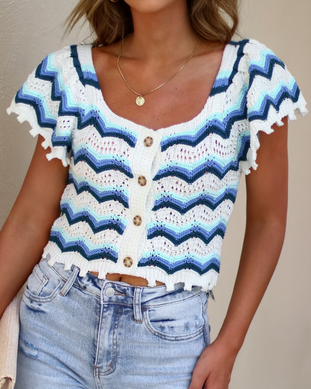 Camellia Chevron Crochet Button Front Top - Blue/Ivory - FINAL SALE sold by Vici product image thumbnail 3