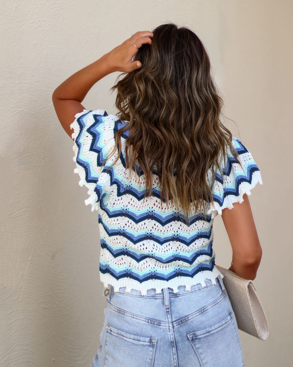 Camellia Chevron Crochet Button Front Top - Blue/Ivory - FINAL SALE sold by Vici product image thumbnail 2