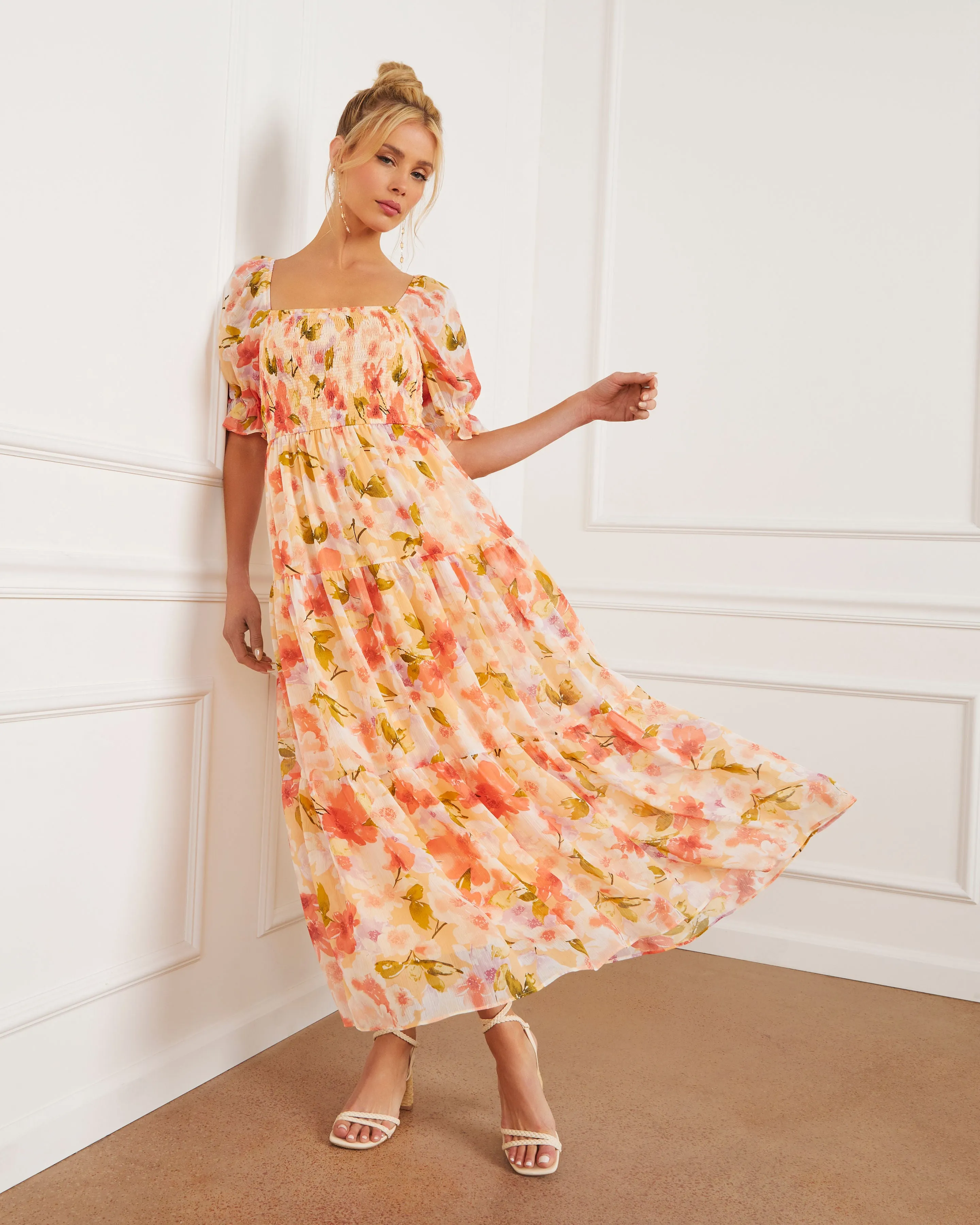 Floral Fantasy Skies Smocked Tiered Puff Sleeve Maxi Dress sold by Vici product image thumbnail 4