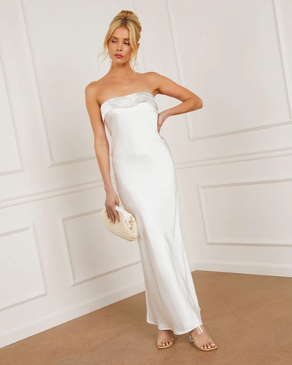Lovely Affair Satin Strapless Maxi Dress sold by Vici
