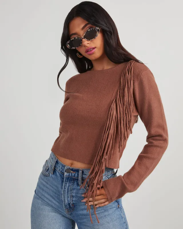 Autumn Breeze Fringe Trim Sweater sold by Vici