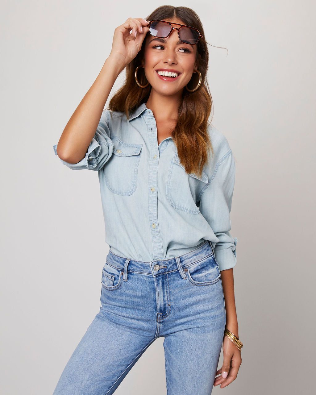 Saleigh Pocketed Button Down Top - Light Blue sold by Vici product image thumbnail 5