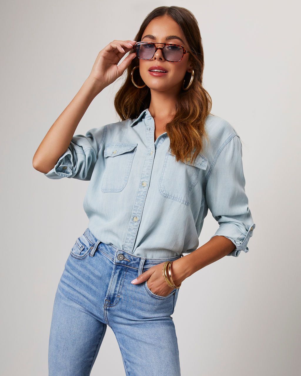 Saleigh Pocketed Button Down Top - Light Blue sold by Vici product image thumbnail 3