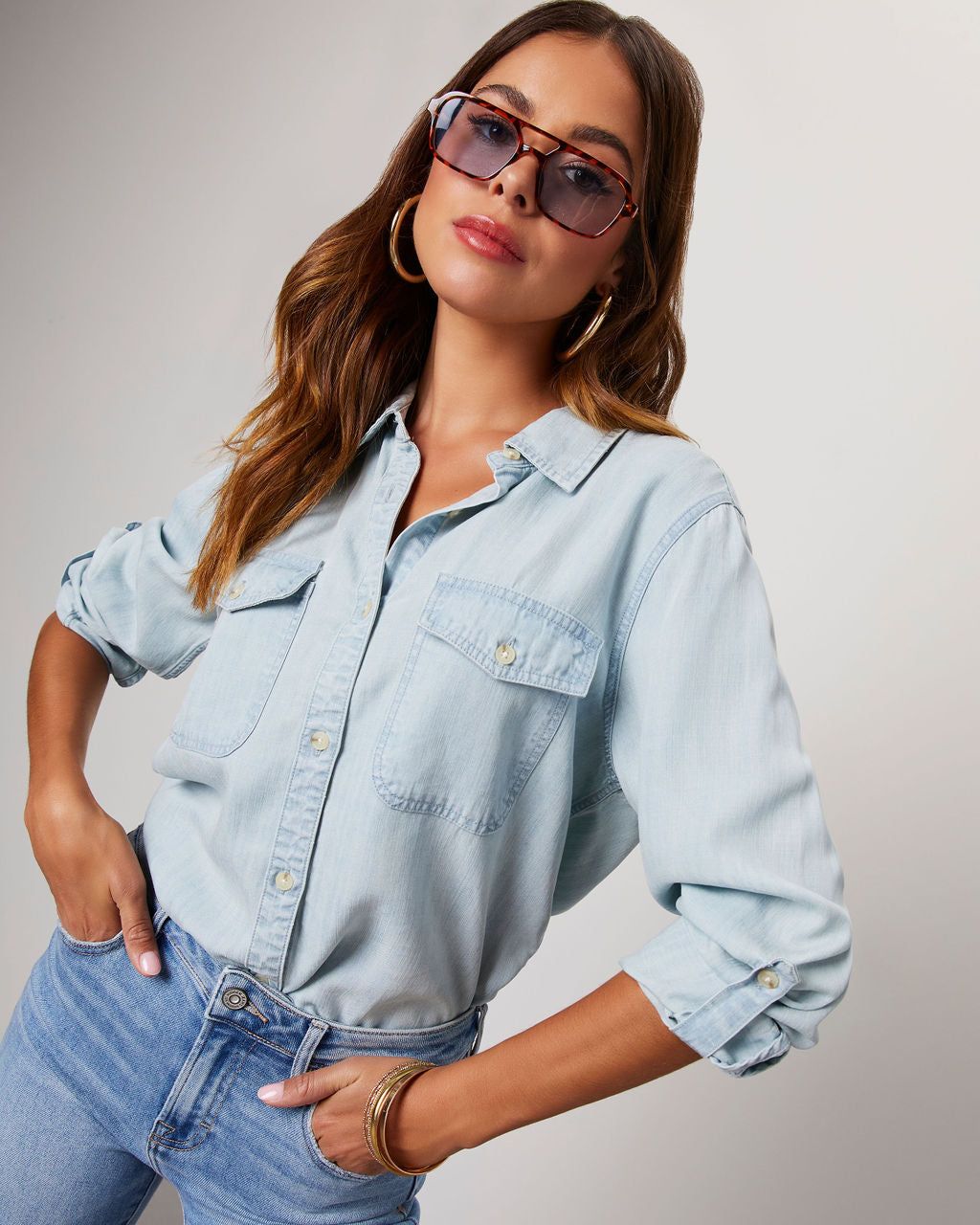 Saleigh Pocketed Button Down Top - Light Blue sold by Vici