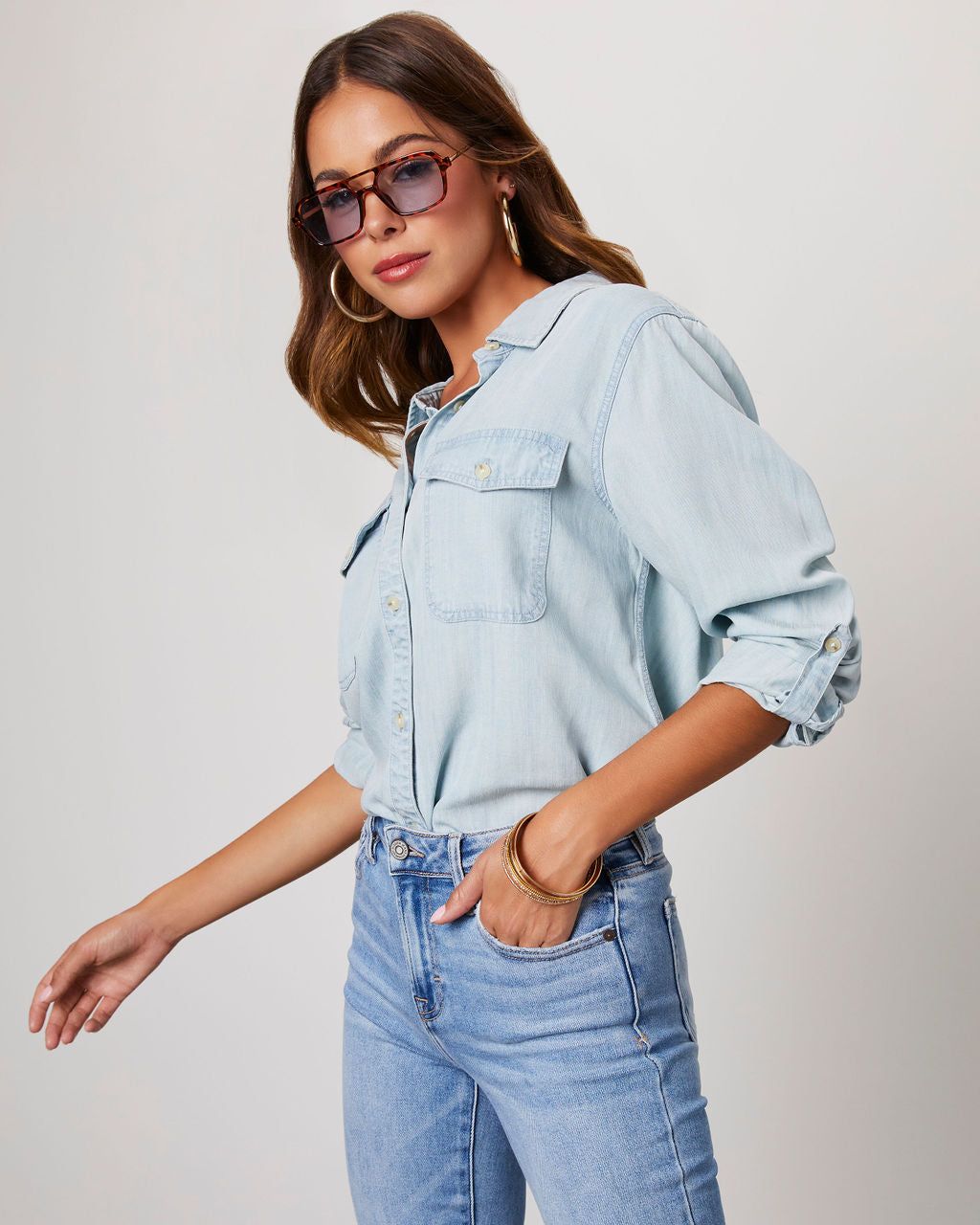 Saleigh Pocketed Button Down Top - Light Blue sold by Vici product image thumbnail 6