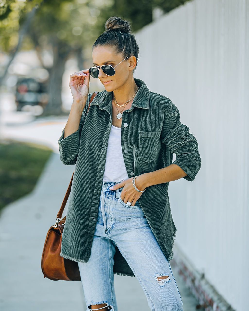 Tristan Frayed Cotton Corduroy Shacket - Olive - FINAL SALE sold by Vici