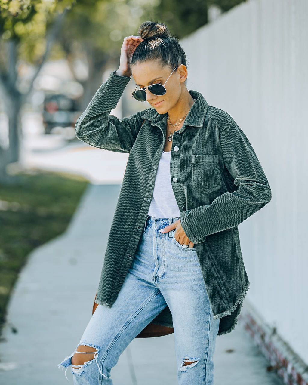 Tristan Frayed Cotton Corduroy Shacket - Olive - FINAL SALE sold by Vici product image thumbnail 6
