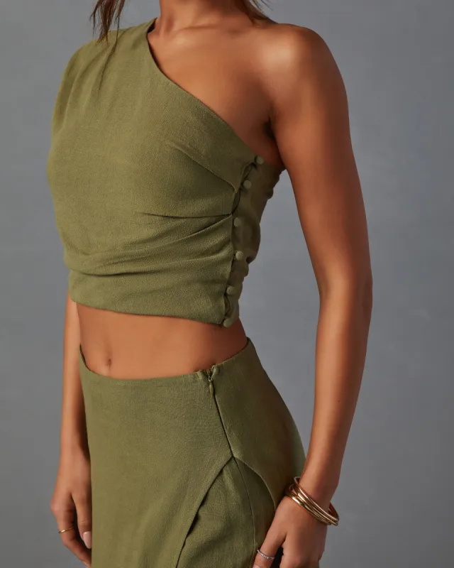 Mariam Linen Blend One Shoulder Crop Top sold by Vici