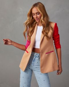 This Or That Pocketed Colorblock Blazer - Pink/Orange Multi sold by Vici