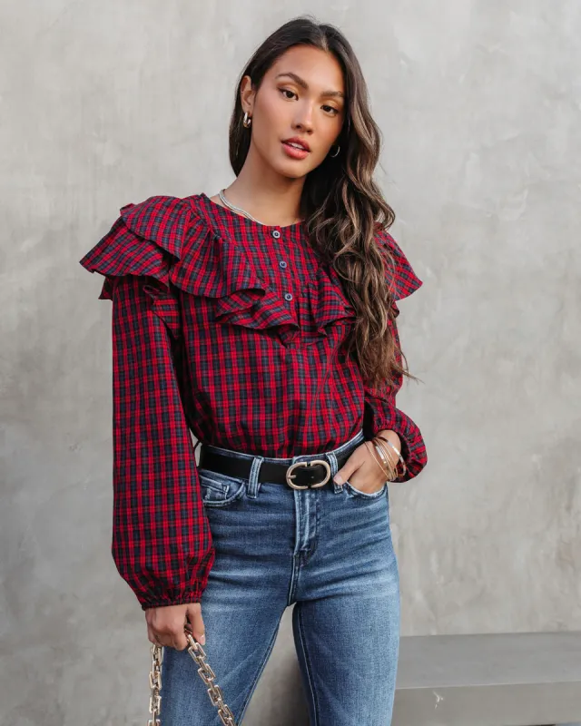 Clara Plaid Ruffle Long Sleeve Top sold by Vici