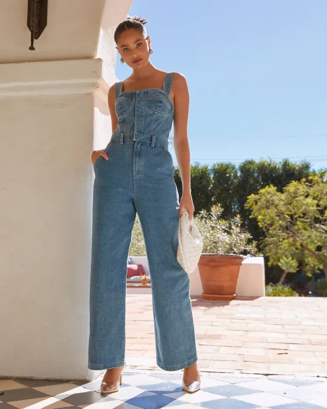 Simona Sweetheart Denim Jumpsuit sold by Vici