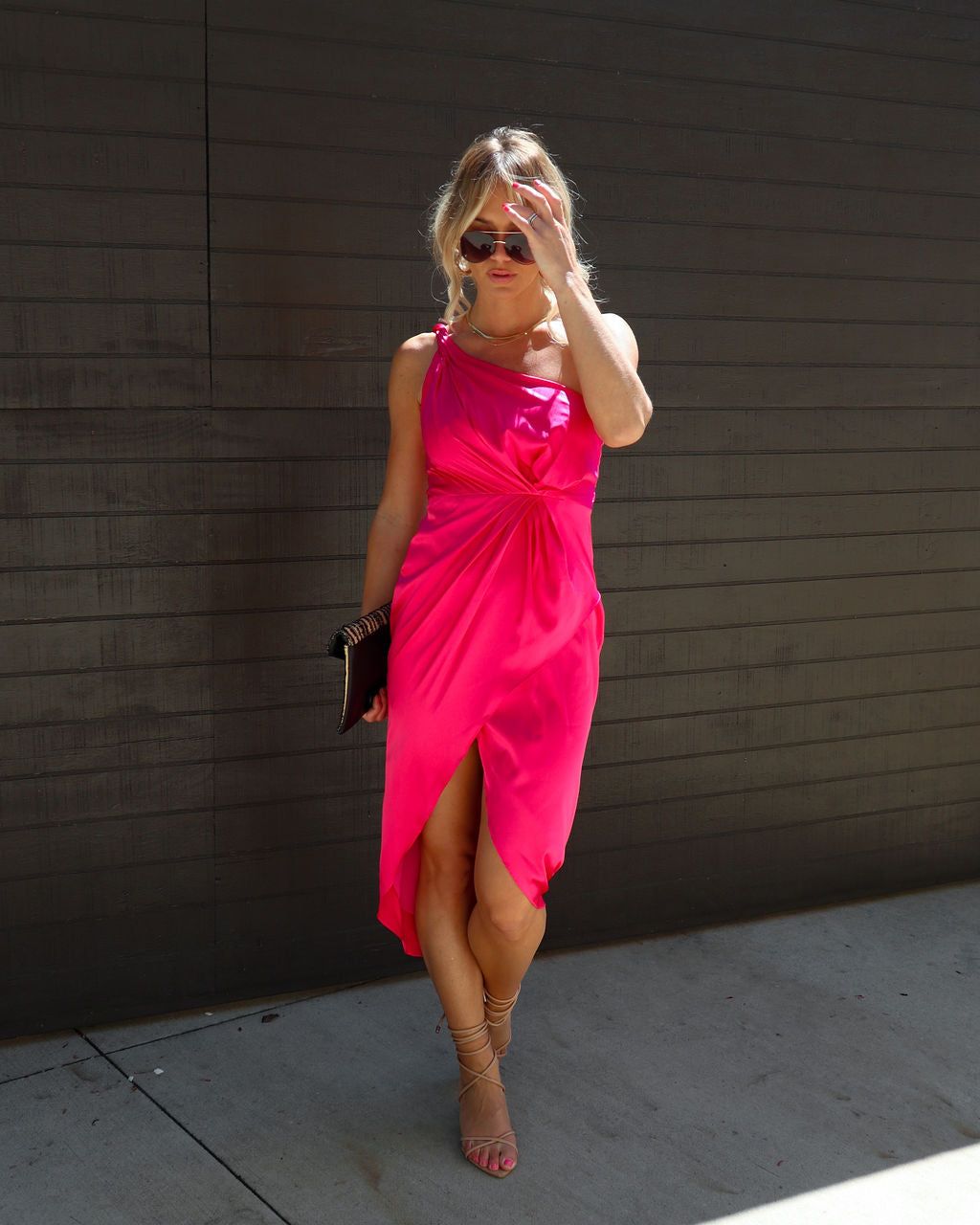 Dyanna Satin One Shoulder Drape Midi Dress - Hot Pink - FINAL SALE sold by Vici product image thumbnail 6