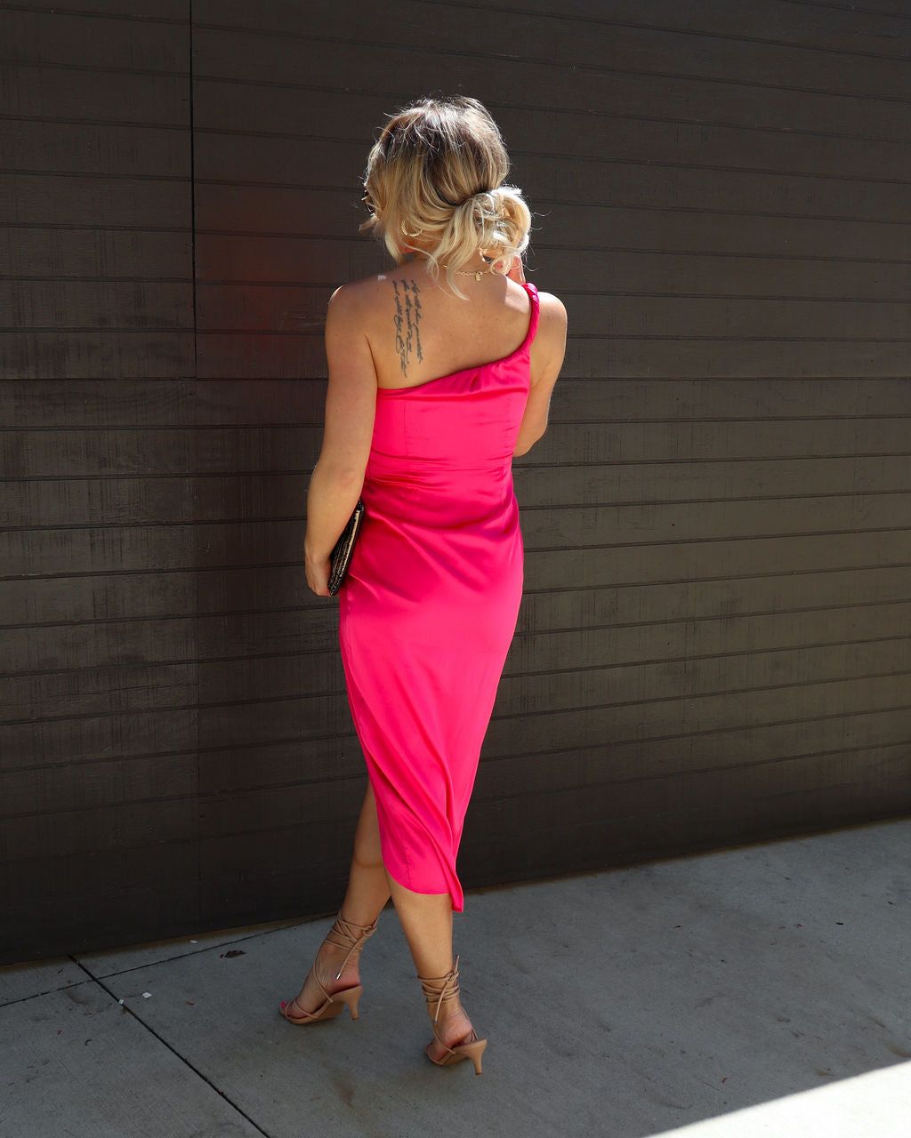 Dyanna Satin One Shoulder Drape Midi Dress - Hot Pink - FINAL SALE sold by Vici product image thumbnail 4