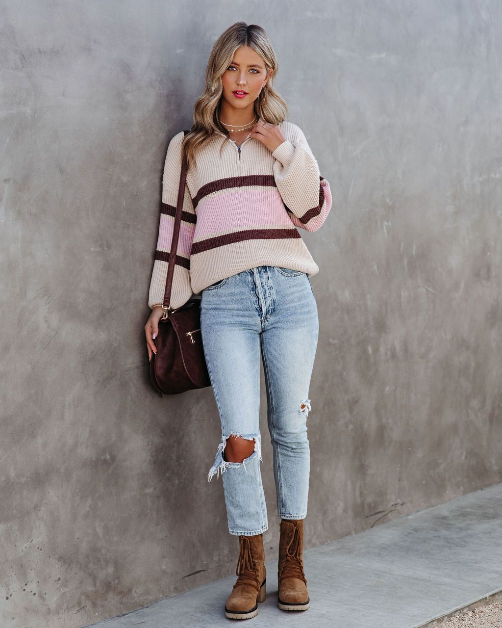 Raeya Striped Half Zip Knit Sweater - Oat - FINAL SALE sold by Vici product image thumbnail 6