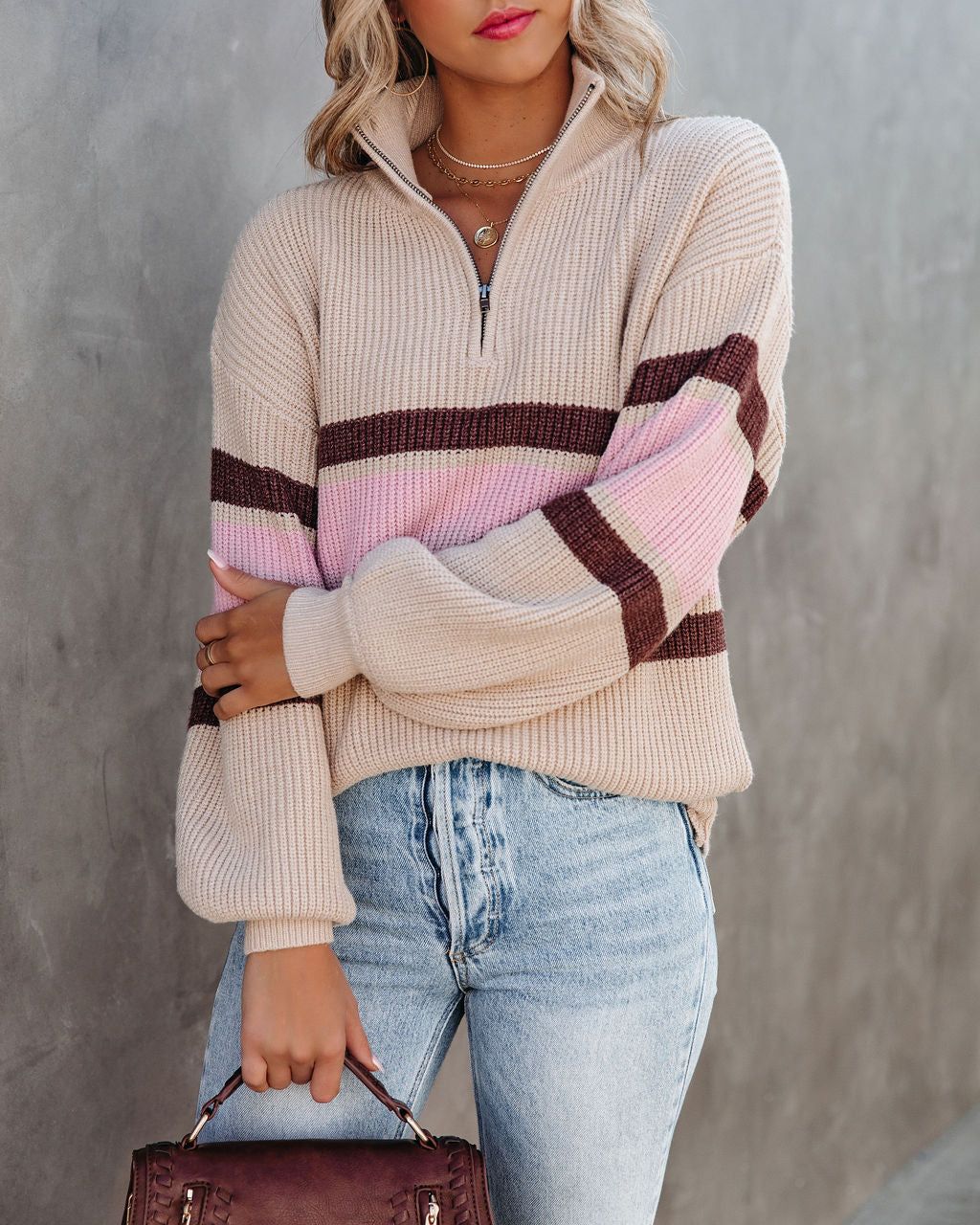 Raeya Striped Half Zip Knit Sweater - Oat - FINAL SALE sold by Vici product image thumbnail 7