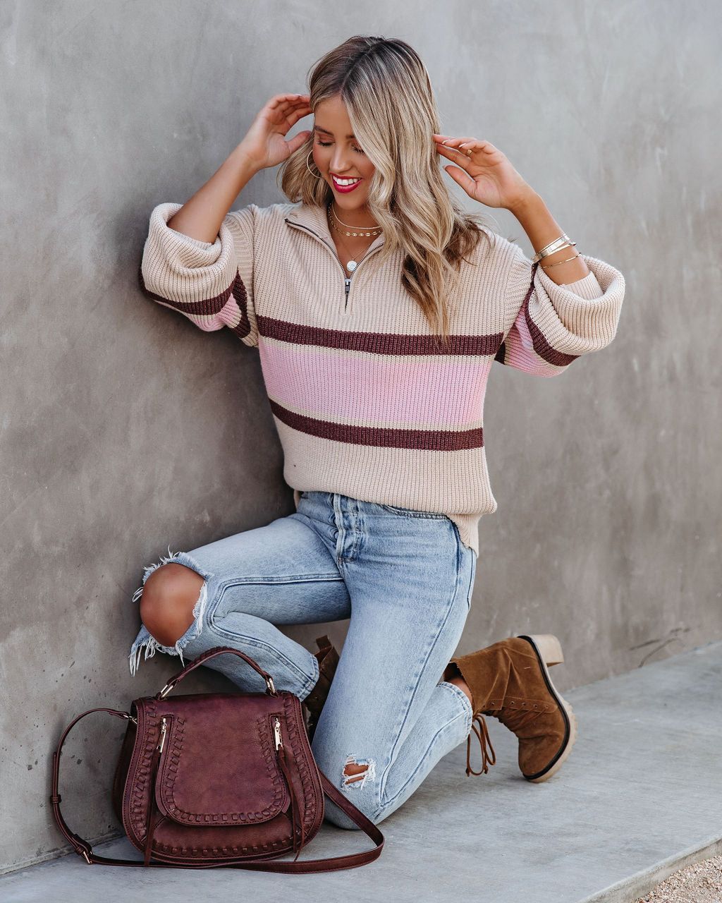 Raeya Striped Half Zip Knit Sweater - Oat - FINAL SALE sold by Vici product image thumbnail 5
