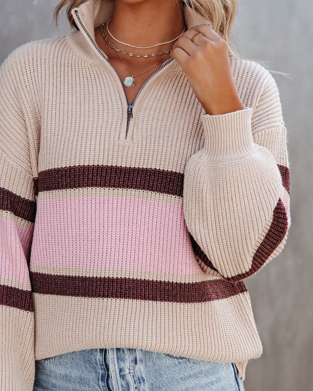 Raeya Striped Half Zip Knit Sweater - Oat - FINAL SALE sold by Vici product image thumbnail 4
