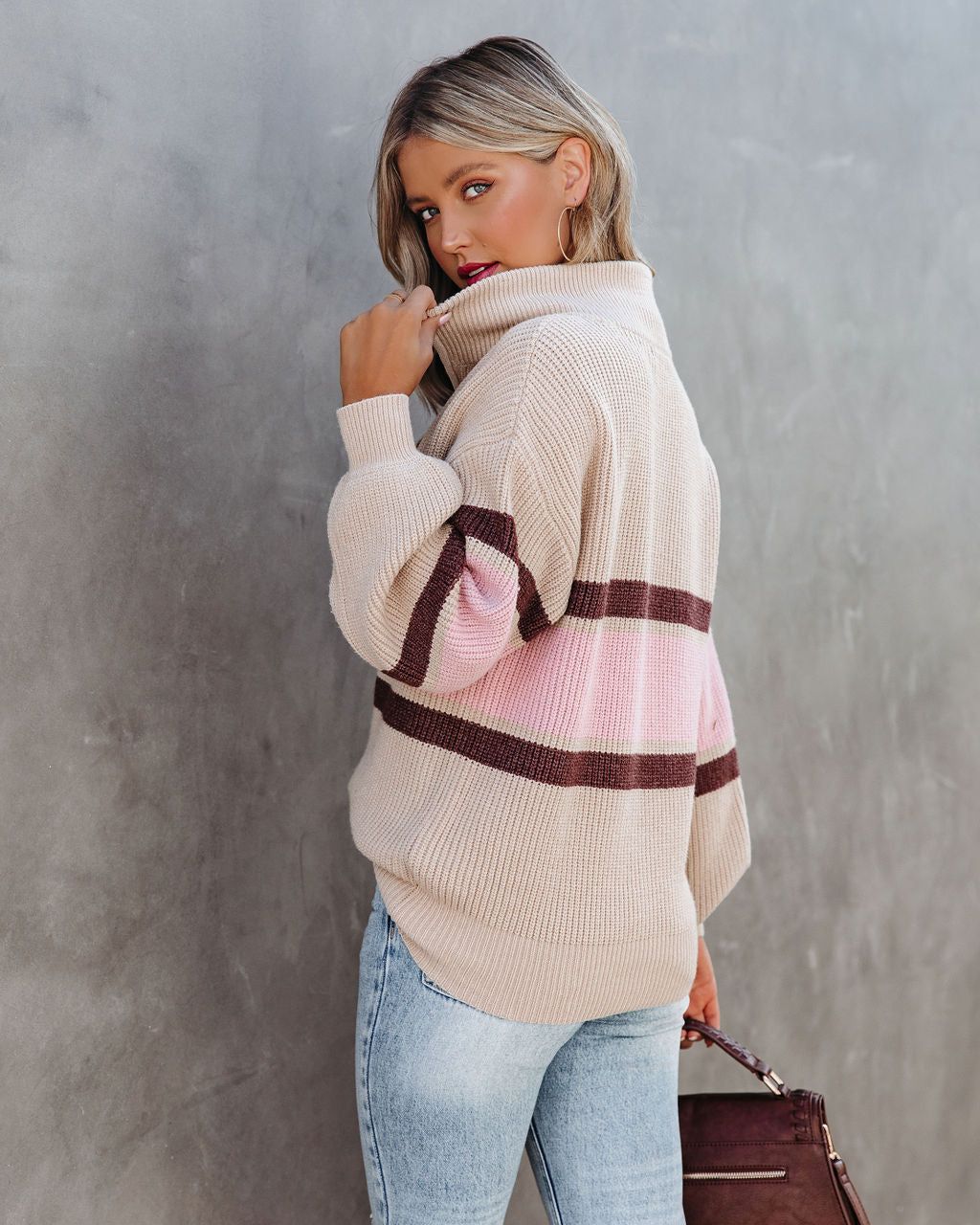 Raeya Striped Half Zip Knit Sweater - Oat - FINAL SALE sold by Vici product image thumbnail 2