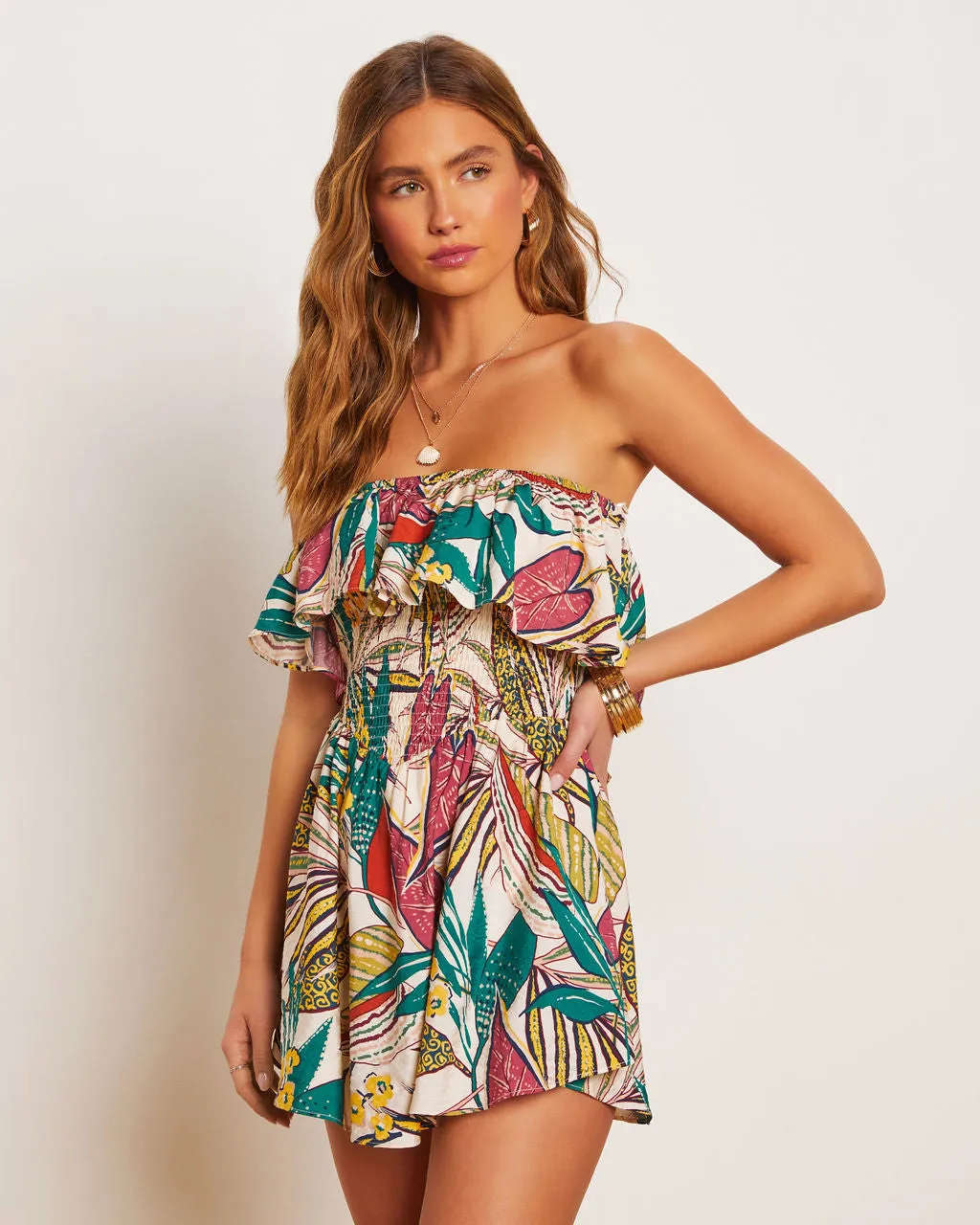 Sherry Tropical Strapless Smocked Romper sold by Vici product image thumbnail 4