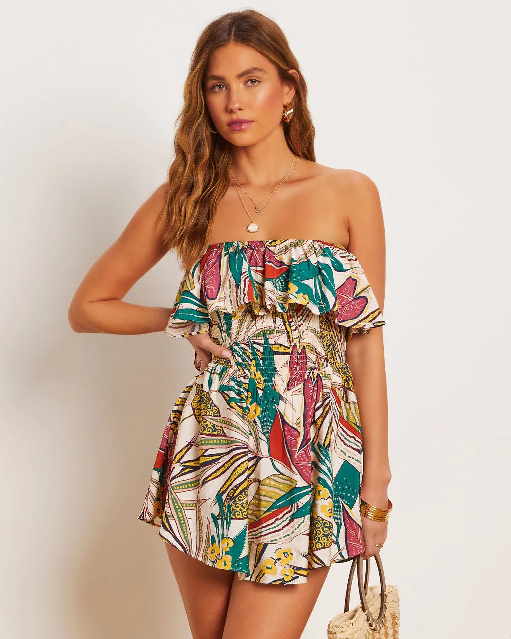 Sherry Tropical Strapless Smocked Romper sold by Vici