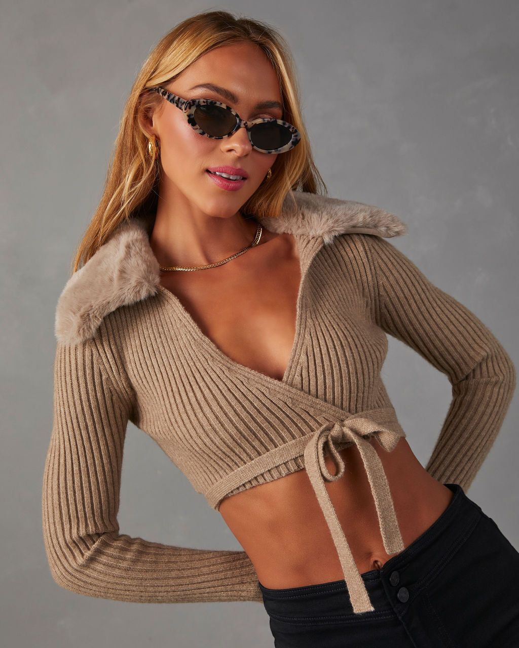 Rich Girl Faux Fur Trim Cropped Sweater - Tan - SALE sold by Vici product image thumbnail 5