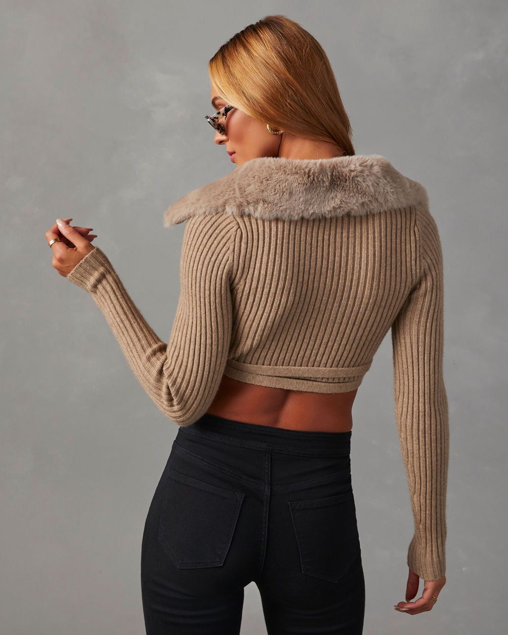Rich Girl Faux Fur Trim Cropped Sweater - Tan - SALE sold by Vici product image thumbnail 4