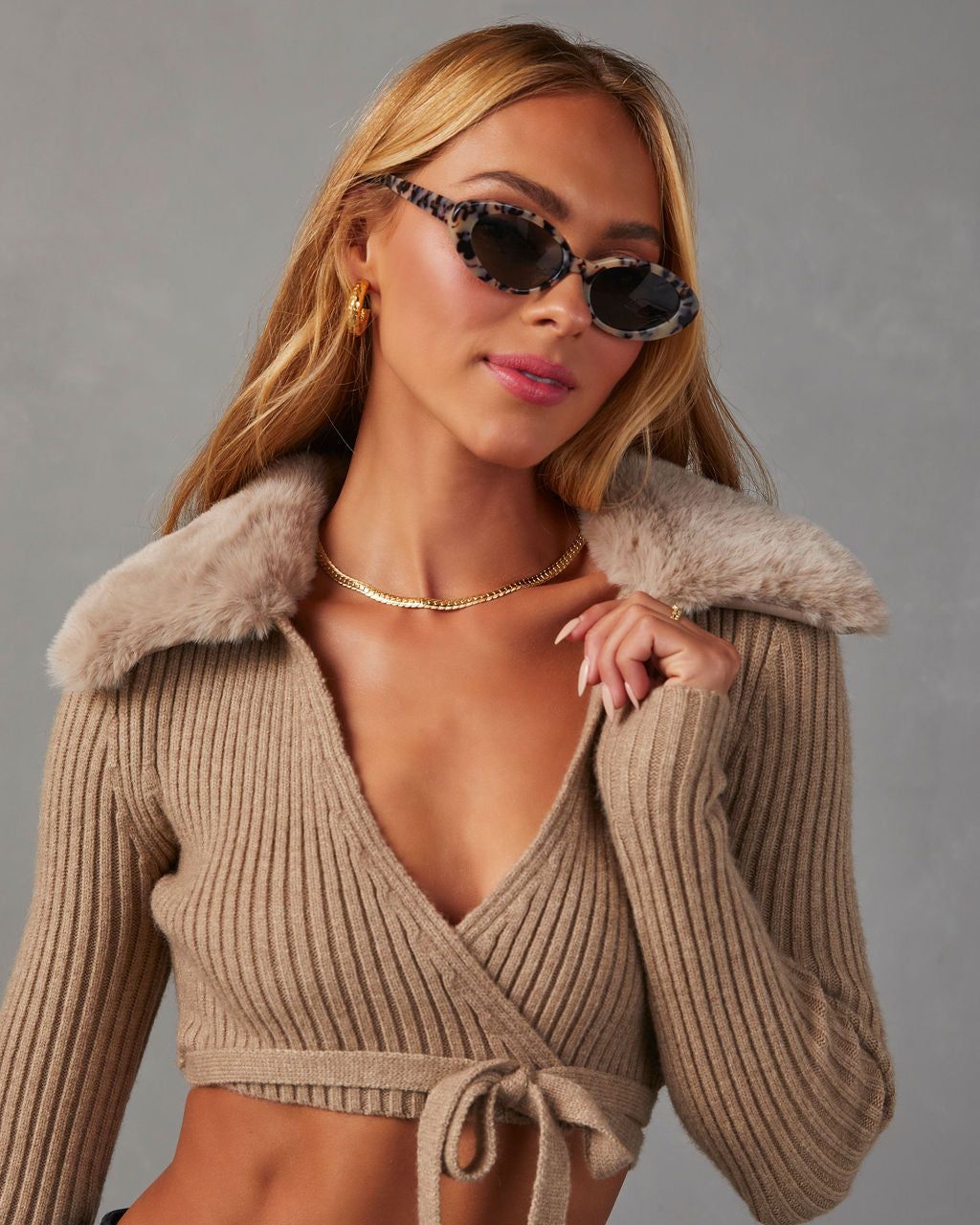 Rich Girl Faux Fur Trim Cropped Sweater - Tan - SALE sold by Vici product image thumbnail 2