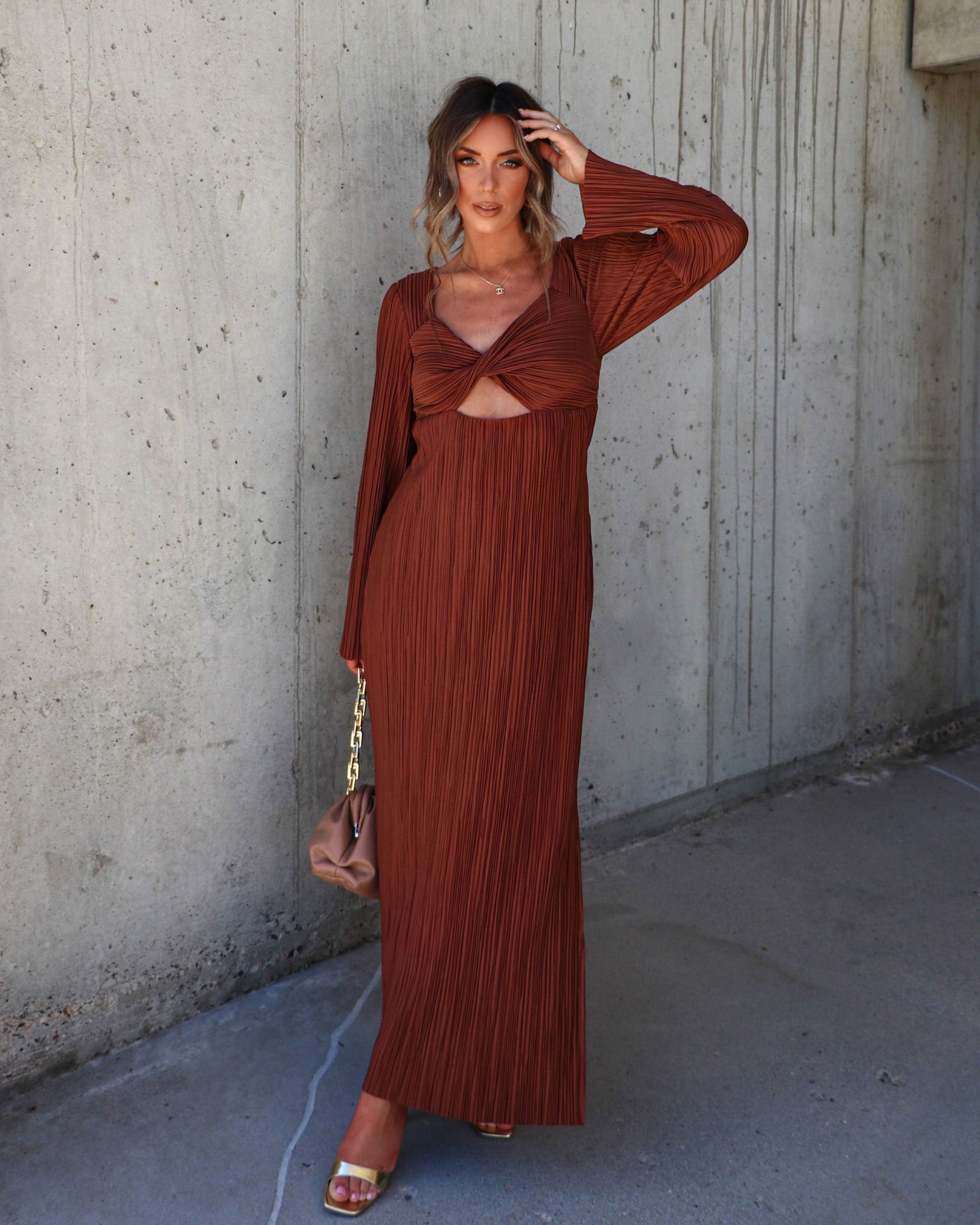 Grand Entrance Plisse Cutout Maxi Dress - Brown sold by Vici