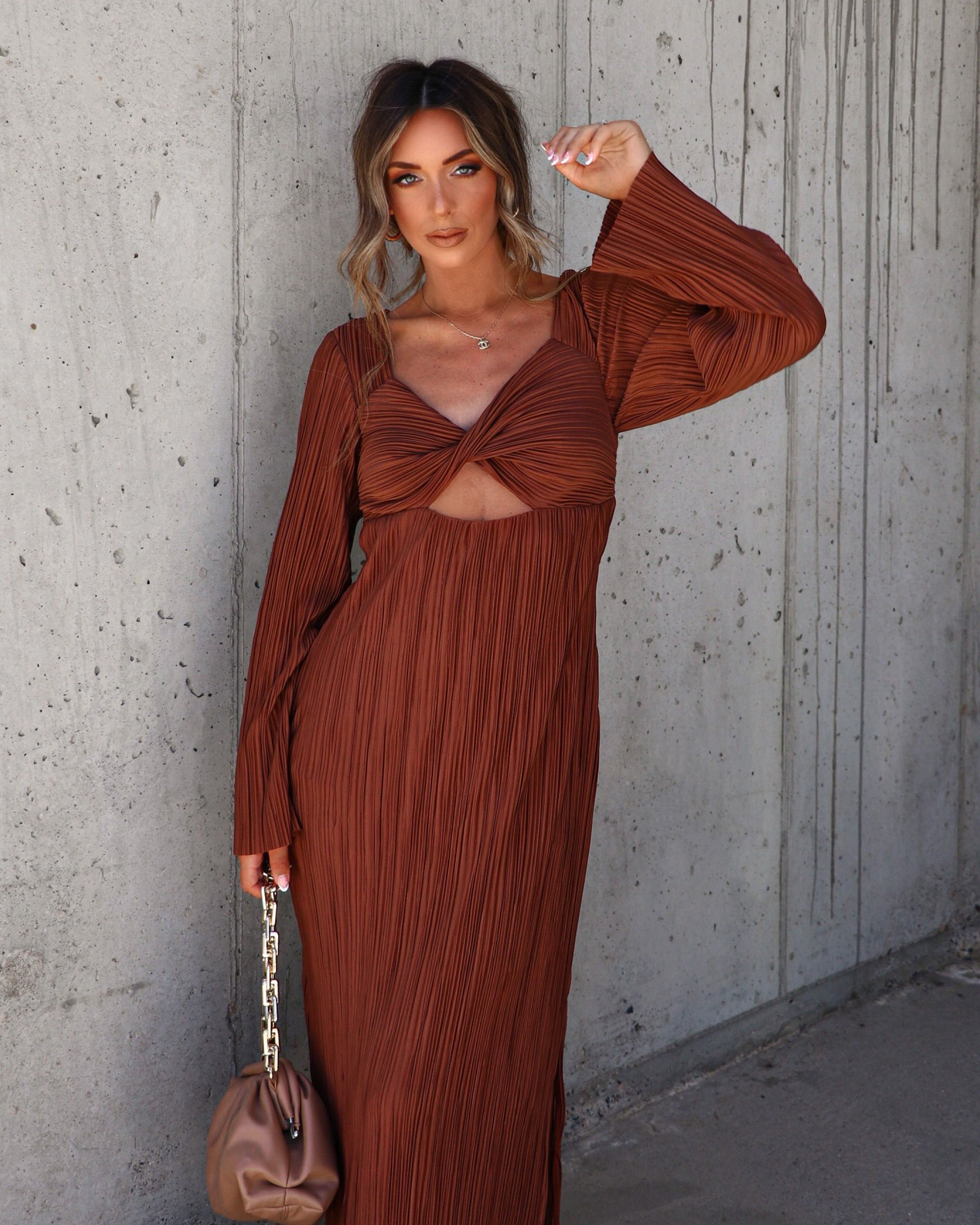 Grand Entrance Plisse Cutout Maxi Dress - Brown sold by Vici product image thumbnail 2
