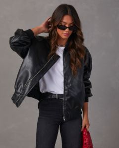 Domingo Faux Leather Zip Bomber Jacket - Black sold by Vici