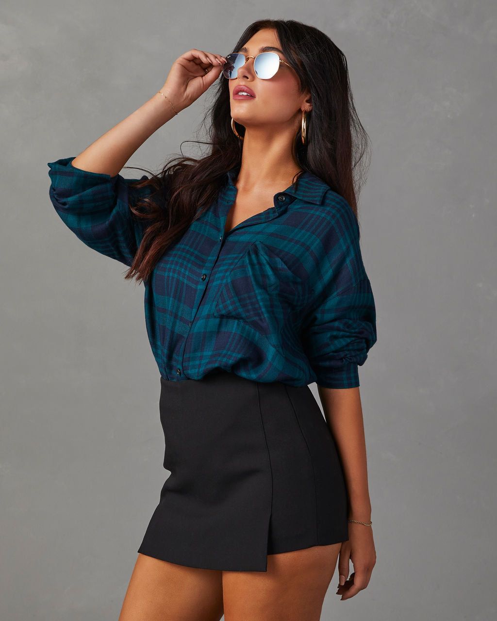 Alysia Plaid Button Down Top - Dark Teal/Black sold by Vici product image thumbnail 3