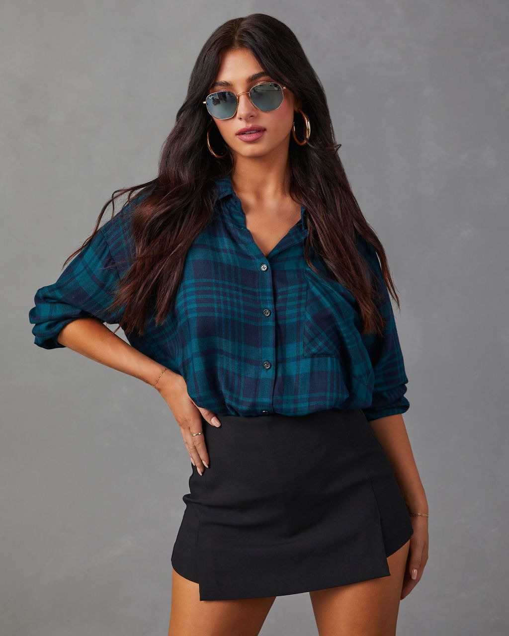 Alysia Plaid Button Down Top - Dark Teal/Black sold by Vici product image thumbnail 6