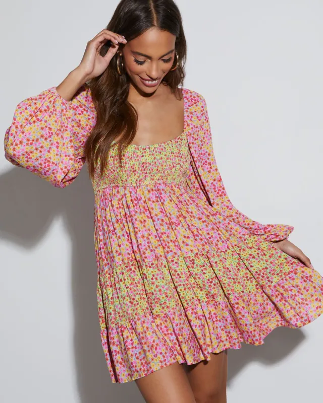 Adelina Floral Smocked Babydoll Mini Dress sold by Vici