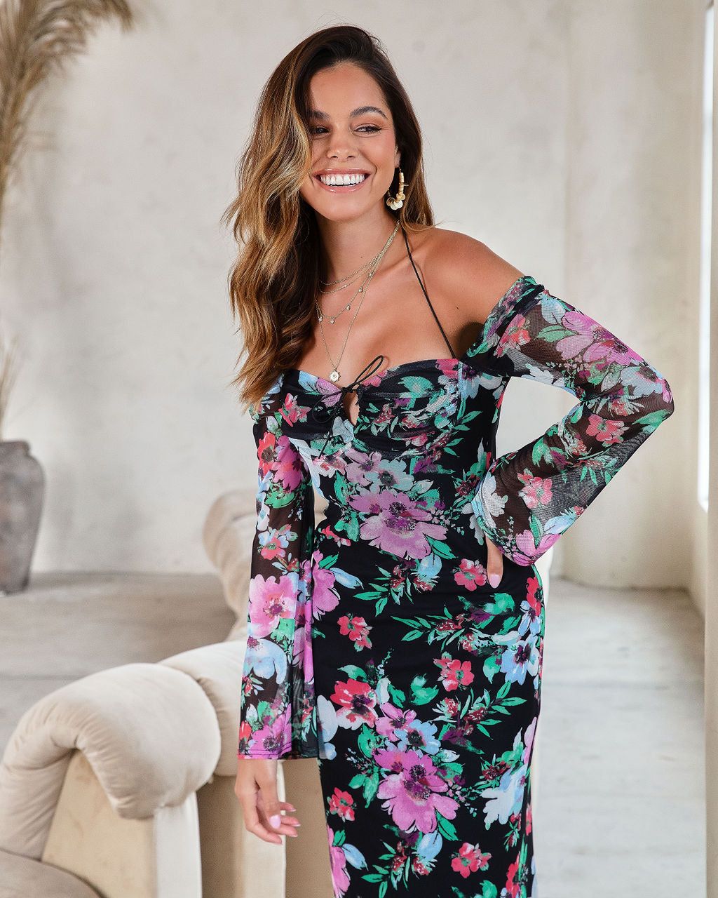 One Of A Kind Love Floral Neck Tie Off The Shoulder Midi Dress - Black - FINAL SALE sold by Vici product image thumbnail 7