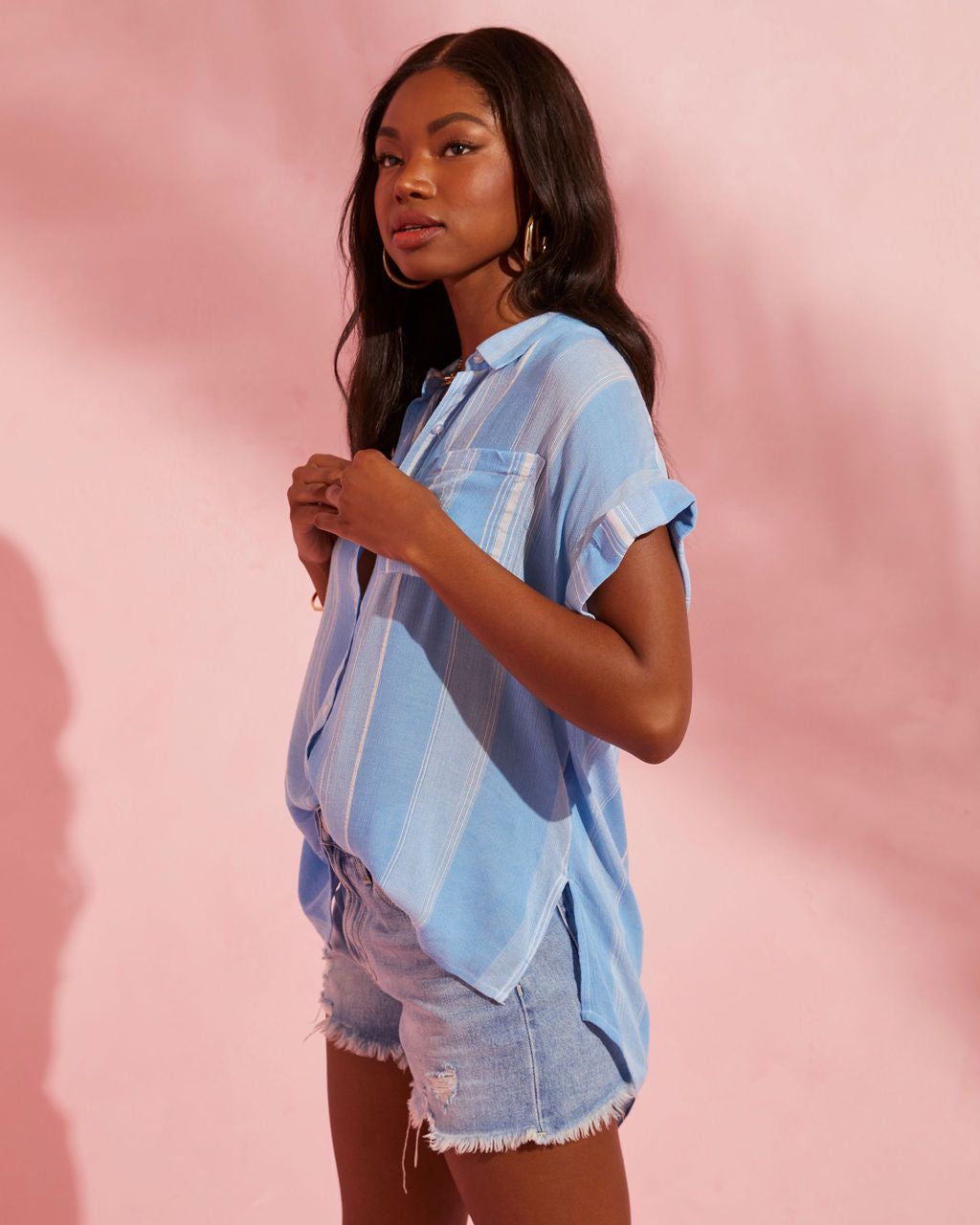 Tandi Striped Short Sleeve Button Down Top - Blue/White - FINAL SALE sold by Vici product image thumbnail 4